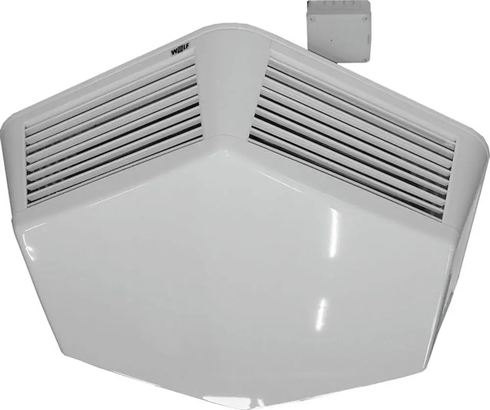 Deckenausblaselement in Weiß von Wolf mit einem sechseckigen Design und horizontalen Luftauslässen, montiert an der Decke.
